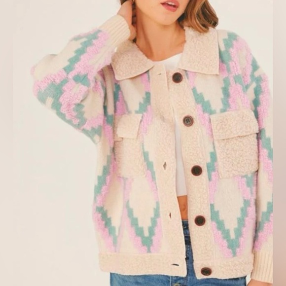 NWT LUSH Lightweight Jacquard Sherpa lined Sweater Jacket Cream/Lilac Size Med. - Picture 4 of 13